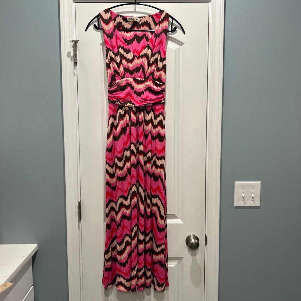 Boden Maxi Dress Womens US 0 Regular Pink Chevron Zigzag Sleeveless Pockets